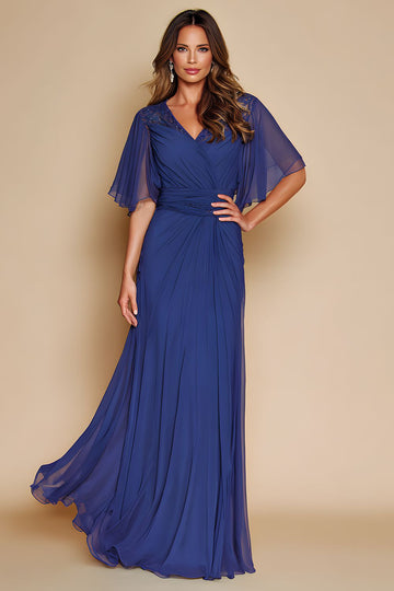 Dark Blue A Line Flowy V-Neck Maxi Mother of the Bride Dress with Sleeves